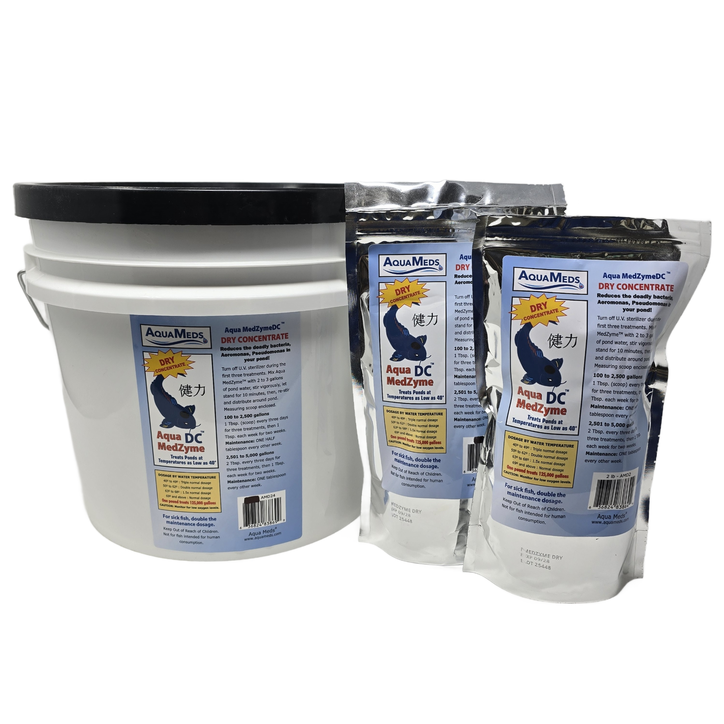 Aqua Meds Medzyme Dry Concentrate product group showing 1lb, 2lb, and 24lb sizes