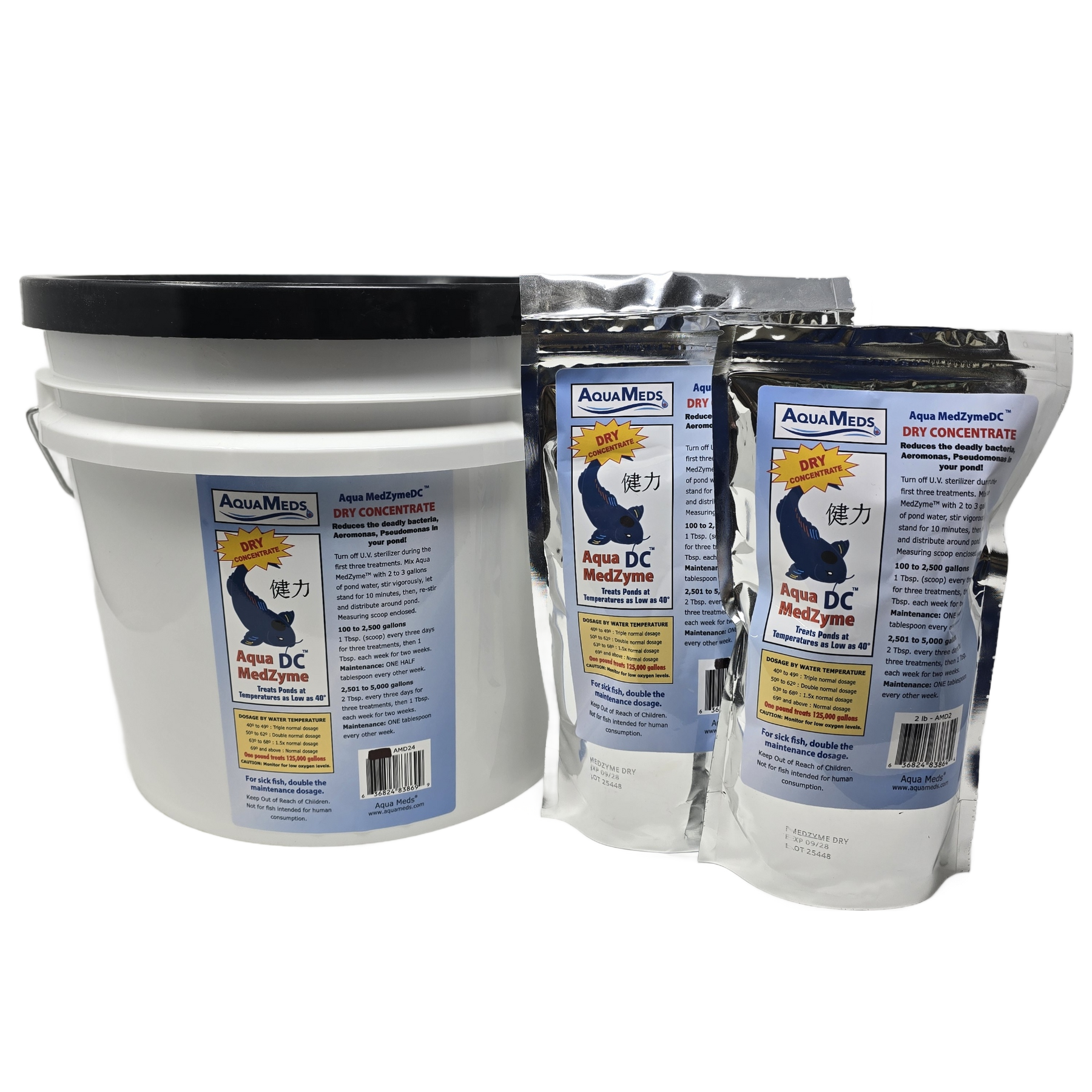 Aqua Meds Medzyme Dry Concentrate product group showing 1lb, 2lb, and 24lb sizes