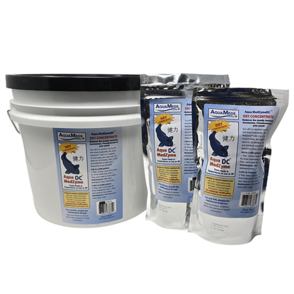 Aqua Meds Medzyme Dry Concentrate product group showing 1lb, 2lb, and 24lb sizes